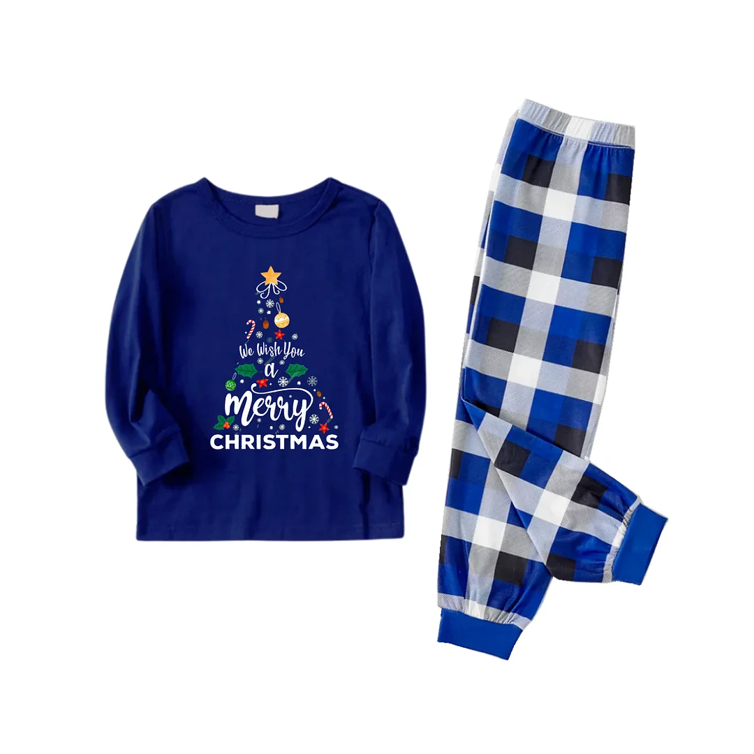 "We Wish You a Merry Christmas" Printed Blue and White Plaid Family Matching Pajamas