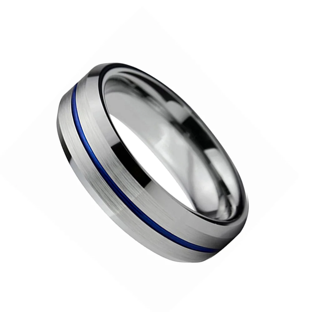 6MM 8MM Silver Brushed Tungsten Ring Blue Grooved Mens Wedding Band