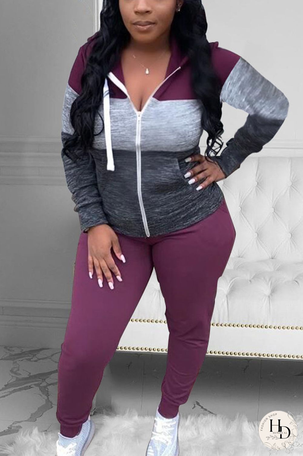 Pink Street Print Patchwork Hooded Collar Long Sleeve Two Pieces