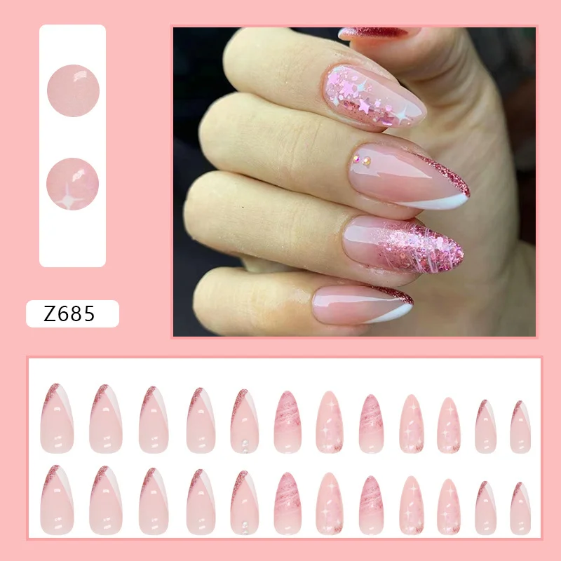Churchf Churchf Double Spell Flash Powder French Nail White Star Lovely Pink Tender Diamond Fake Nail Wear Nail Finished Product