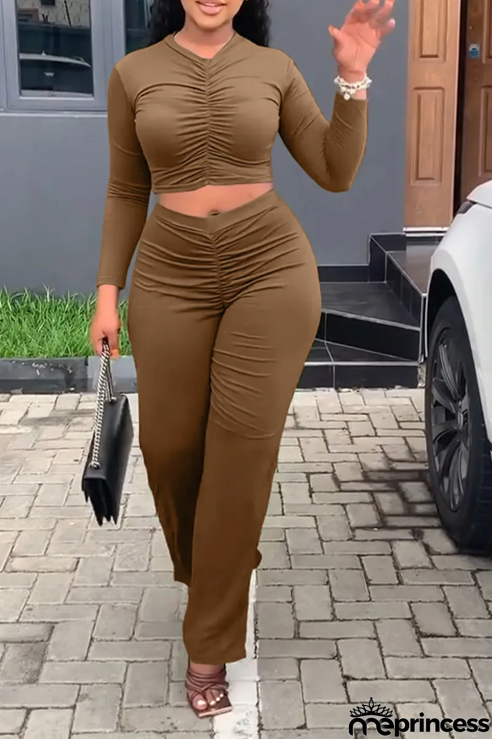 Orange Fashion Solid Fold V Neck Long Sleeve Two Pieces