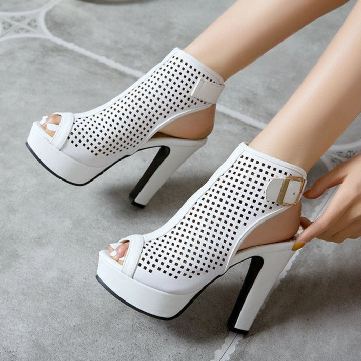 Women's hollowed peep toe chunky high heels summer booties