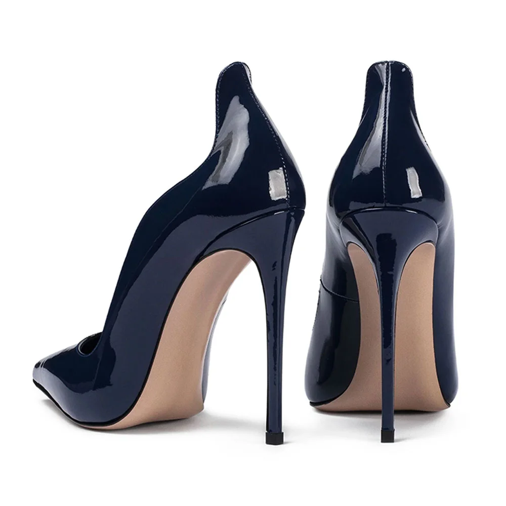 Elegant Navy Pointed Toe Wave Edge Patent Leather High Heels for Women