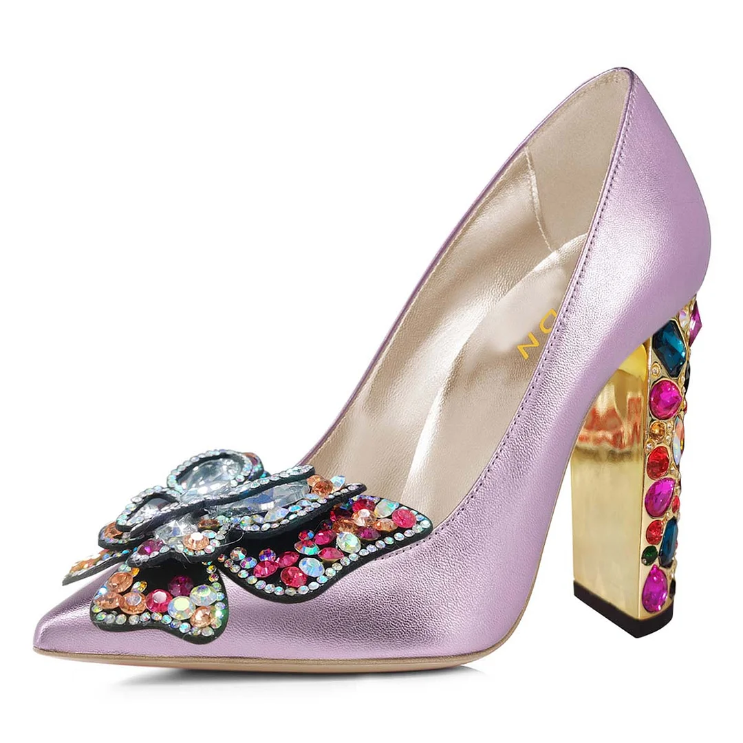 Shiny Light Purple Rhinestone Butterfly Pointed Toe Pumps Heels