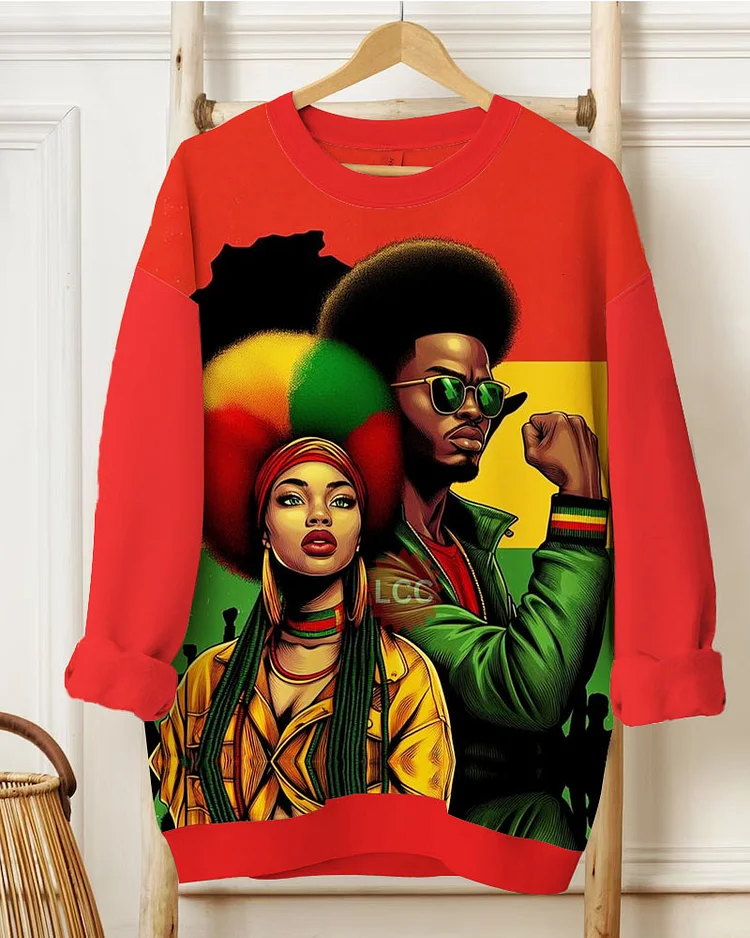 Women's Round Neck Kwanzaa Black Girl And Boy Printed Long Sleeve Sweatshirts