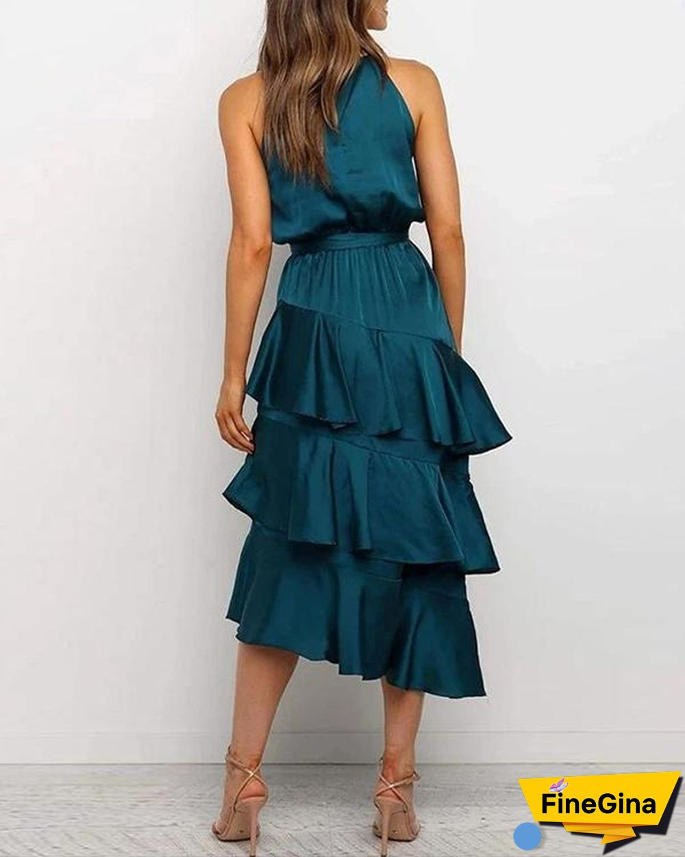 Elegant Solid Irregular Layered Skirt Tie Waist Maxi Dress