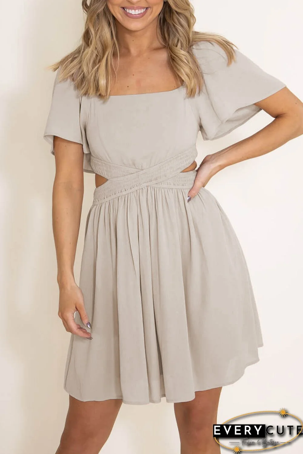Beige Fake Two-Piece Cutout Ruffle Flowy Dress
