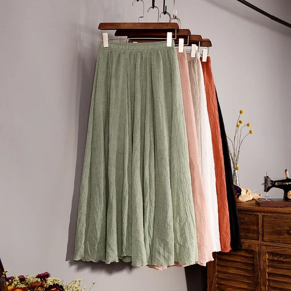 Women Cotton Linen Pleated Maxi Skirt Elastic Waist Vintage Solid Color Boho Beach Spring Summer Pleated Maxi Skirt