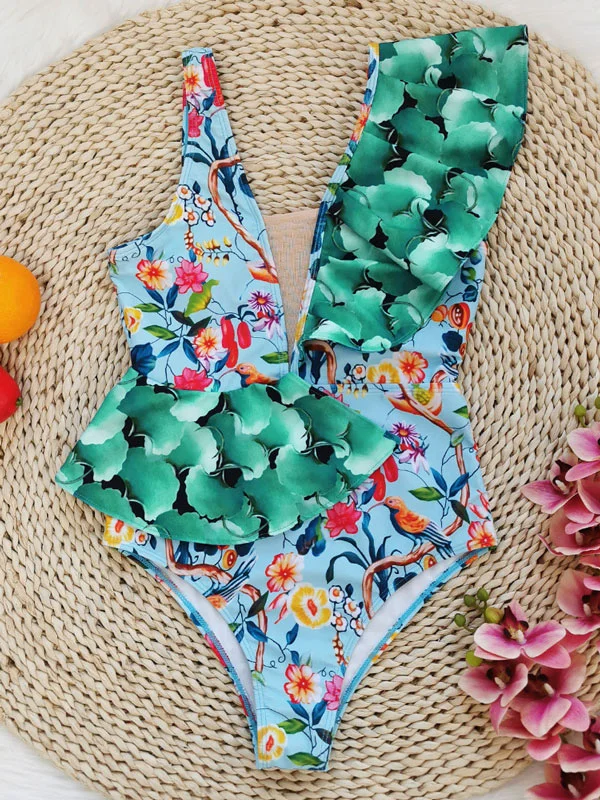 Sleeveless Split-Joint Falbala Floral One-Piece Swimwear