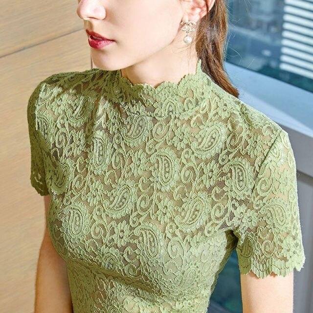 Women Lace Blouse Shirts Summer Elegant Floral Embroidery Short Sleeve Turtleneck Lace Shirt Tops Female See-through Blouses - Shop Trendy Women's Fashion | TeeYours
