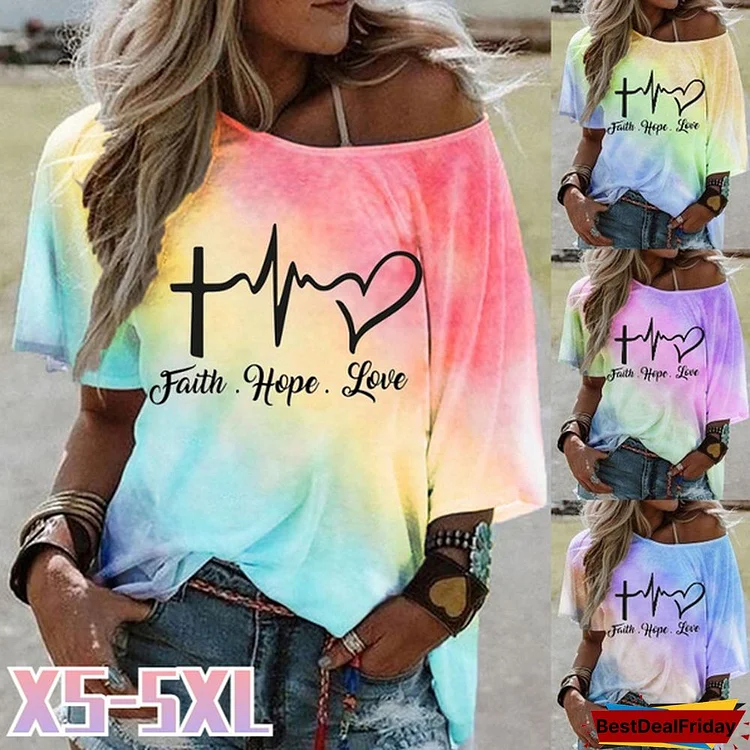 New Arrival Hot Selling 4 Color Summer New Women's Fashion Short Sleeve Tie Dye Faith-Hope-Love Print Loose T-shirt Casual Off-the-shoulder top Plus Size XS-5XL