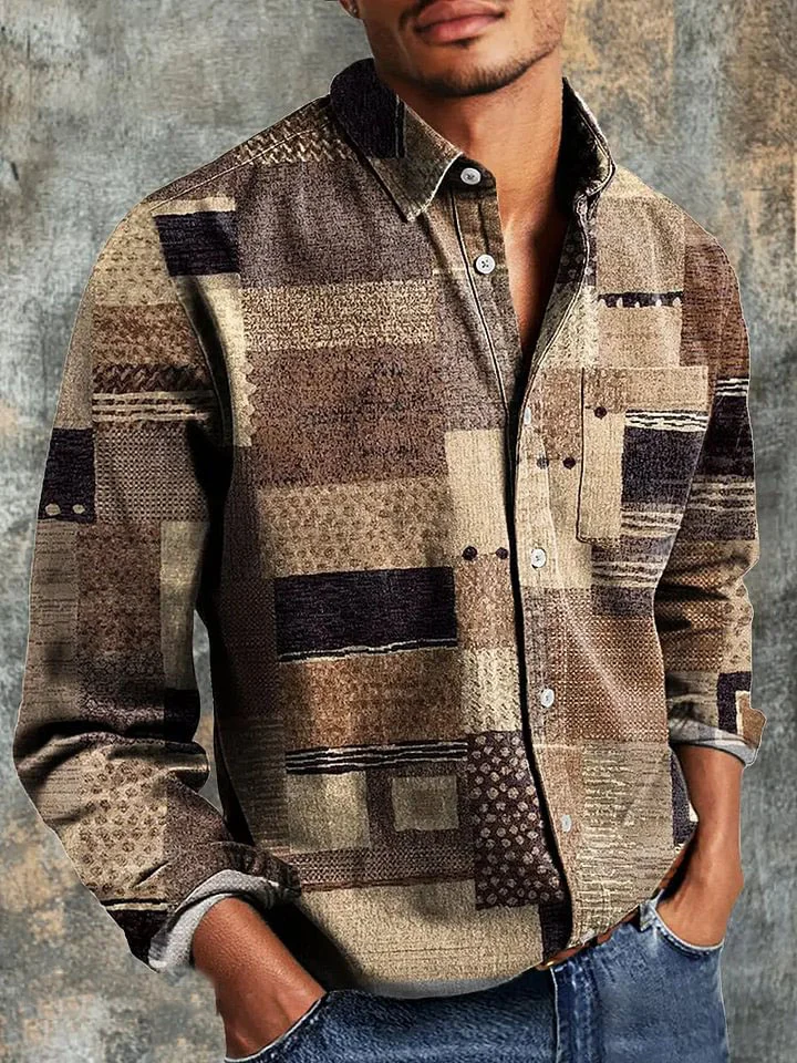 Men's Vintage Geometric Patchwork Art Print Long Sleeve Pocket Shirt