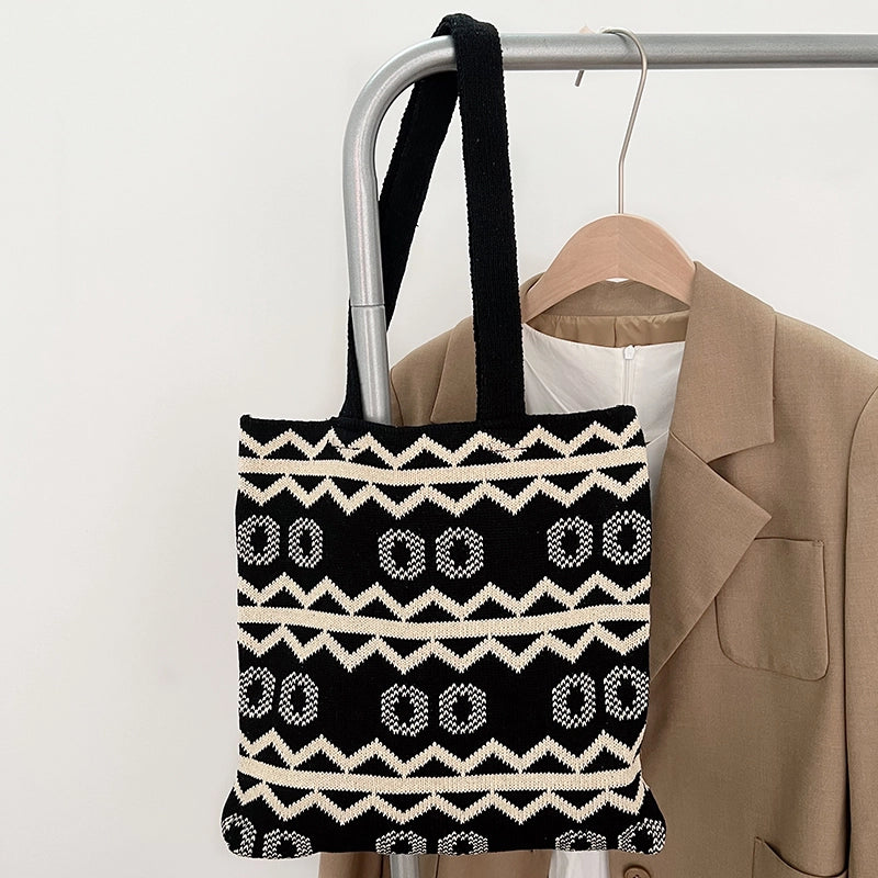 Women’s Knit Stripe Classic Style Weave Square Open Shoulder Bag Handbag