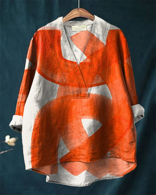 Vintage Orange Abstract Art Print Loose V-Neck Cotton and Linen Shirt