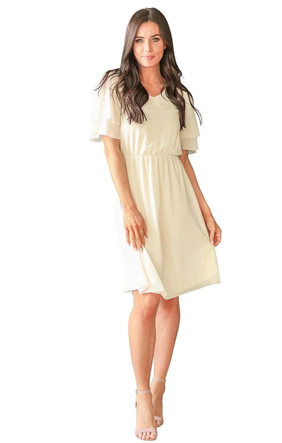 Women's Claire Modest V-Neck Tiered Flutter-Sleeve Chiffon Dress