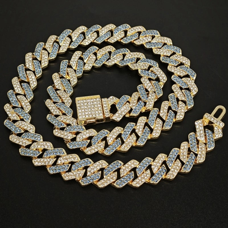 Qianshimei New 14mm Encryption Color Half Blue Half Pink Dragon Beard Buckle Flip Rhombus Cuban Chain Hip Hop Necklace