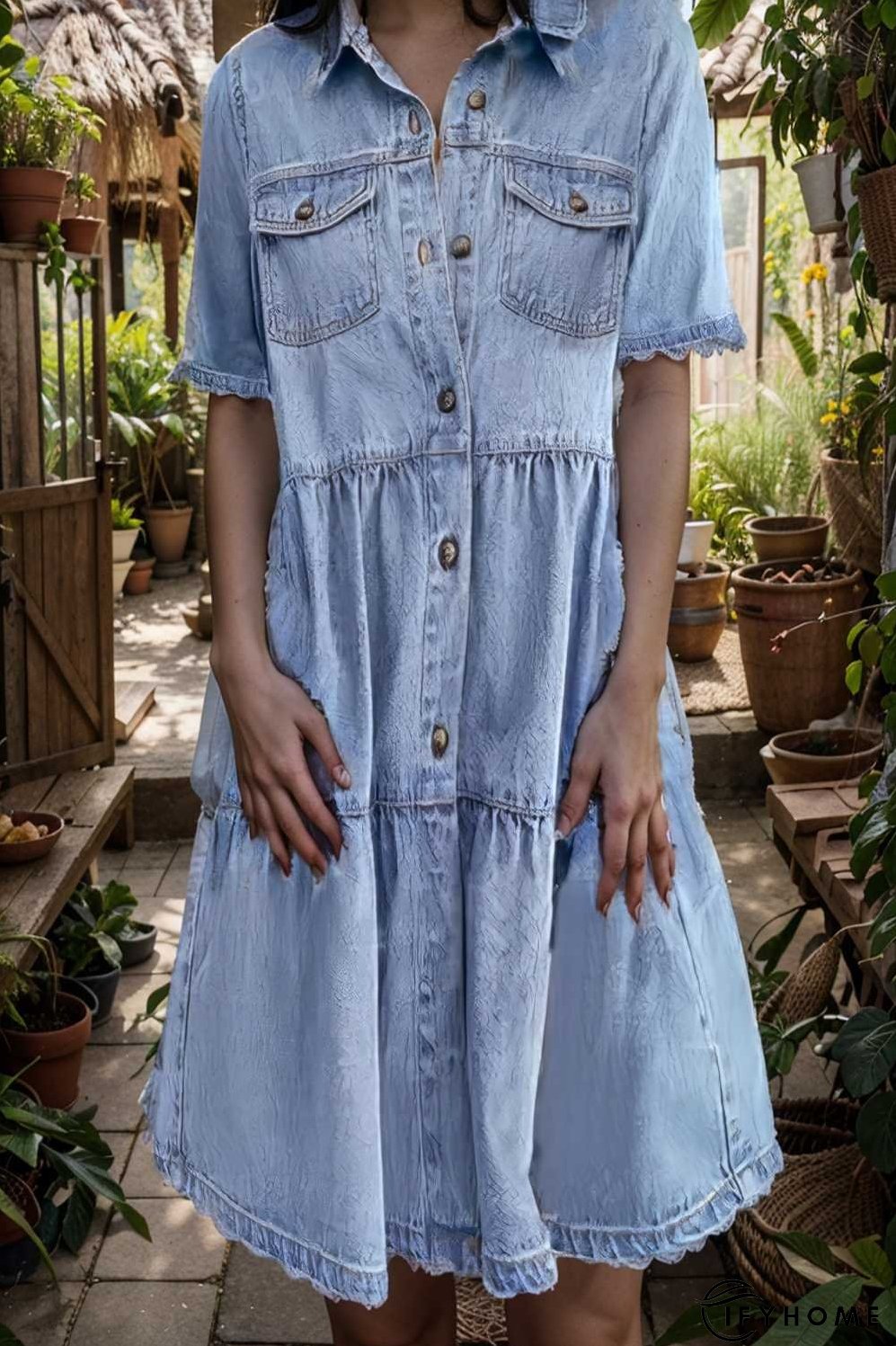down loose short sleeve denim jean dress drop shoulder a line paneled peasant closed bateau v neck dress | IFYHOME