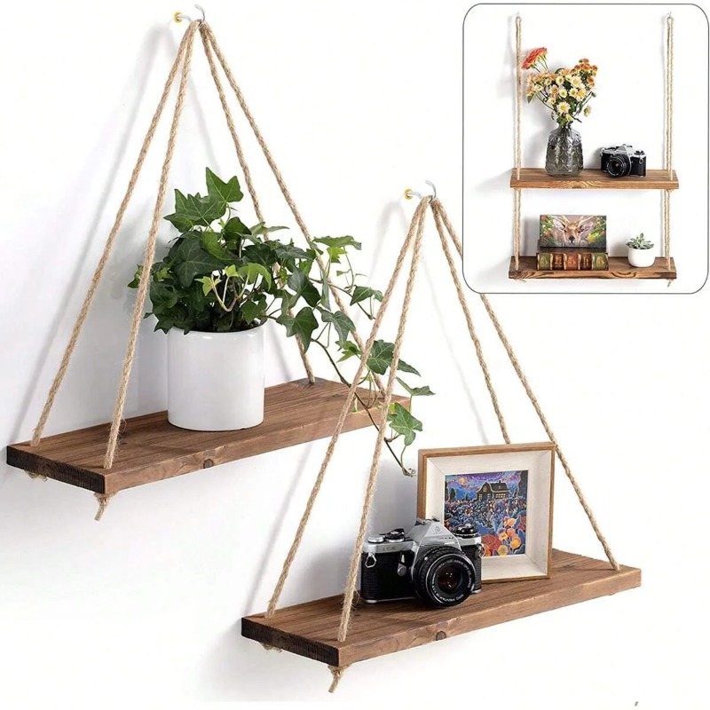 Tegooe Wood Hanging Rope Floating Shelves - Wall Mounted Storage for Plants Decor