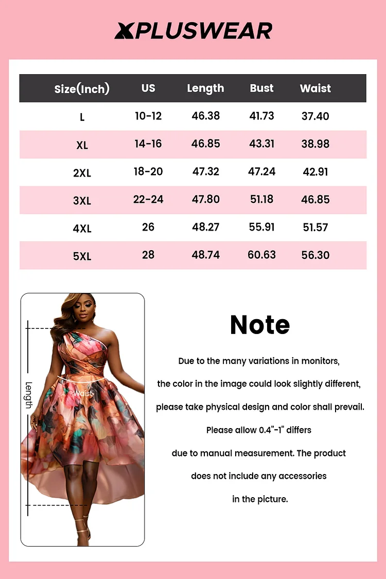 Xpluswear Design Plus Size Wedding Guest Satin Pink Floral One Shoulder Contrast High Low Hem Tulle Midi Dresses [Pre-Order]