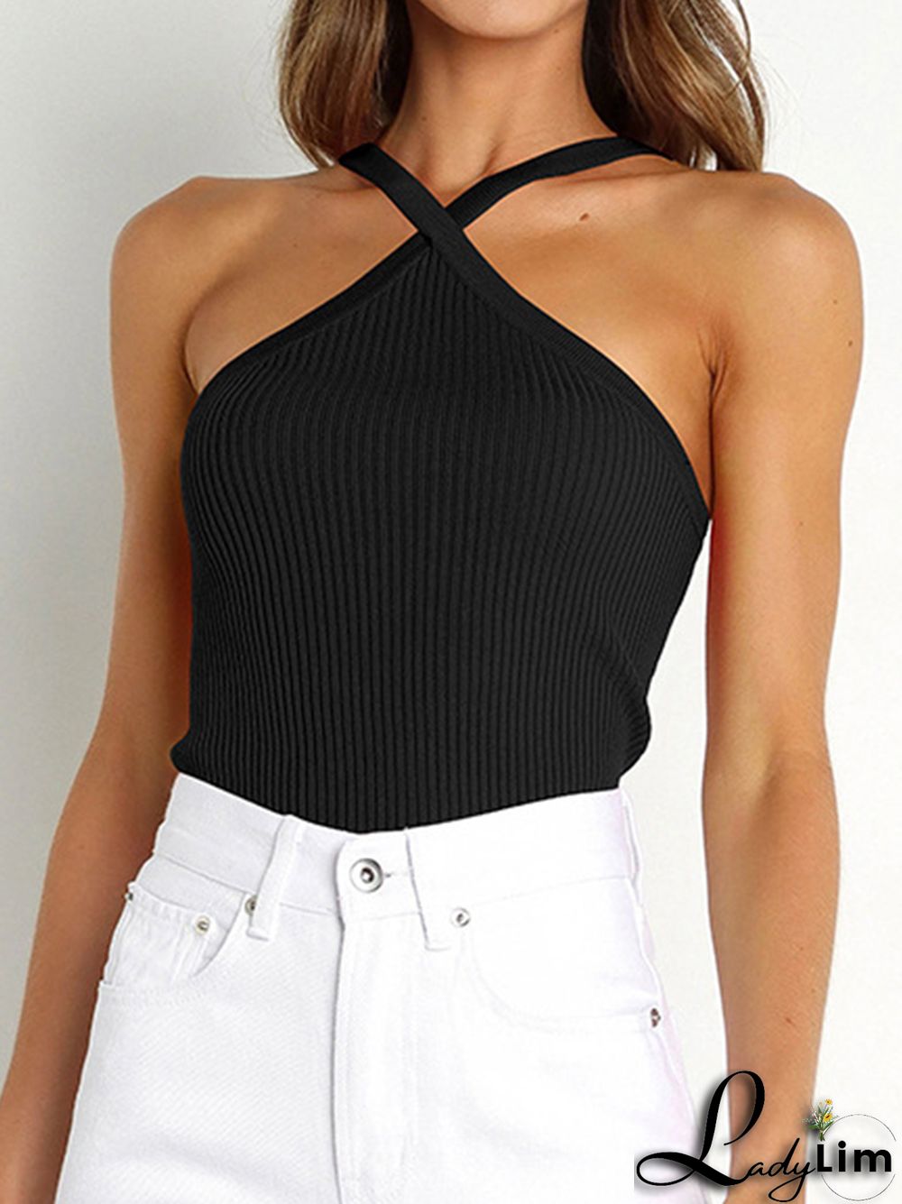 Skinny Sleeveless Solid Color Halter-Neck Vest Top