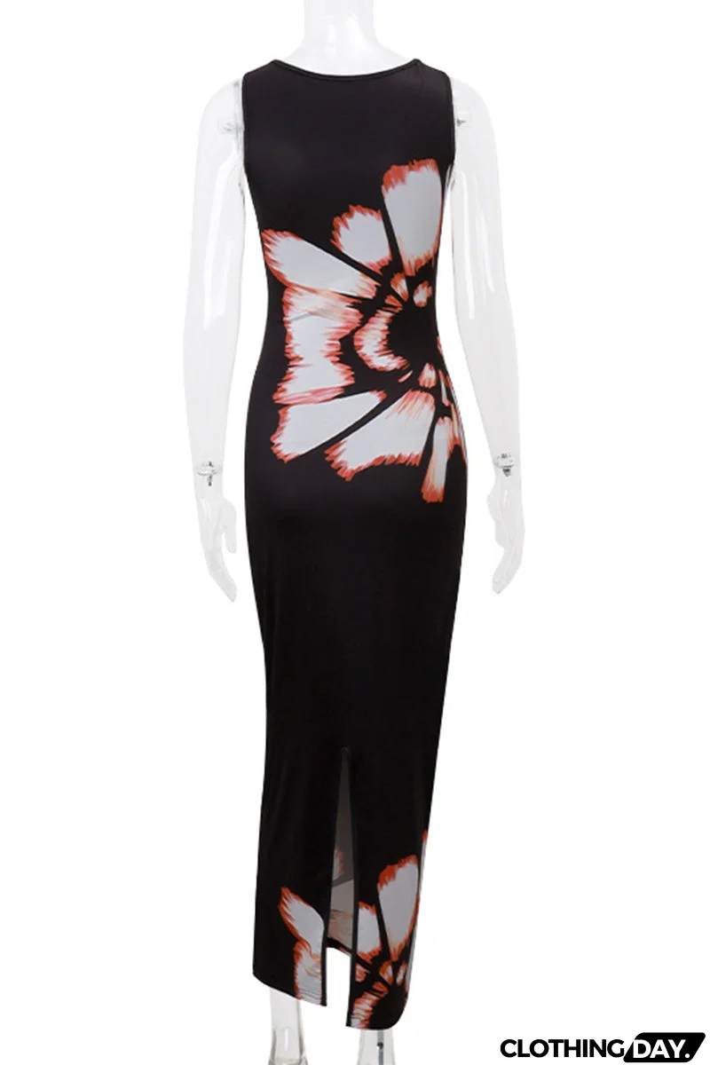 Sexy Flowers Print Hollow Out O Neck One Step Skirt Dresses