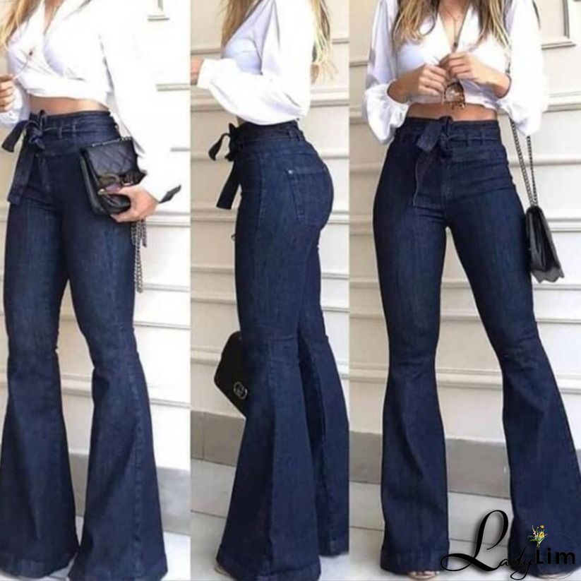 Pocket Detail Belted High Rise Flare Jeans