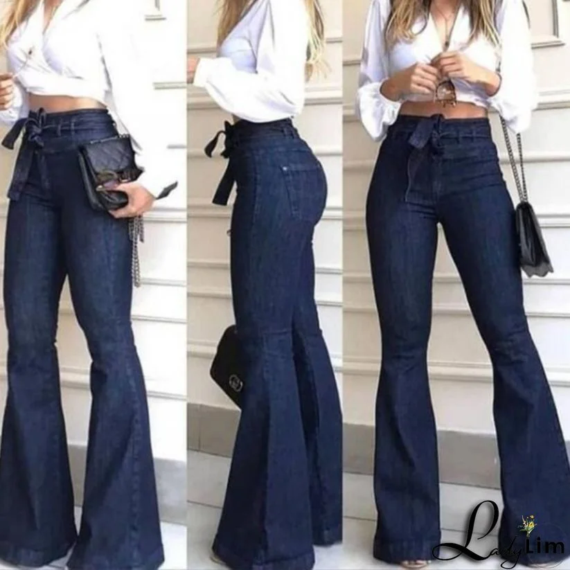 Pocket Detail Belted High Rise Flare Jeans