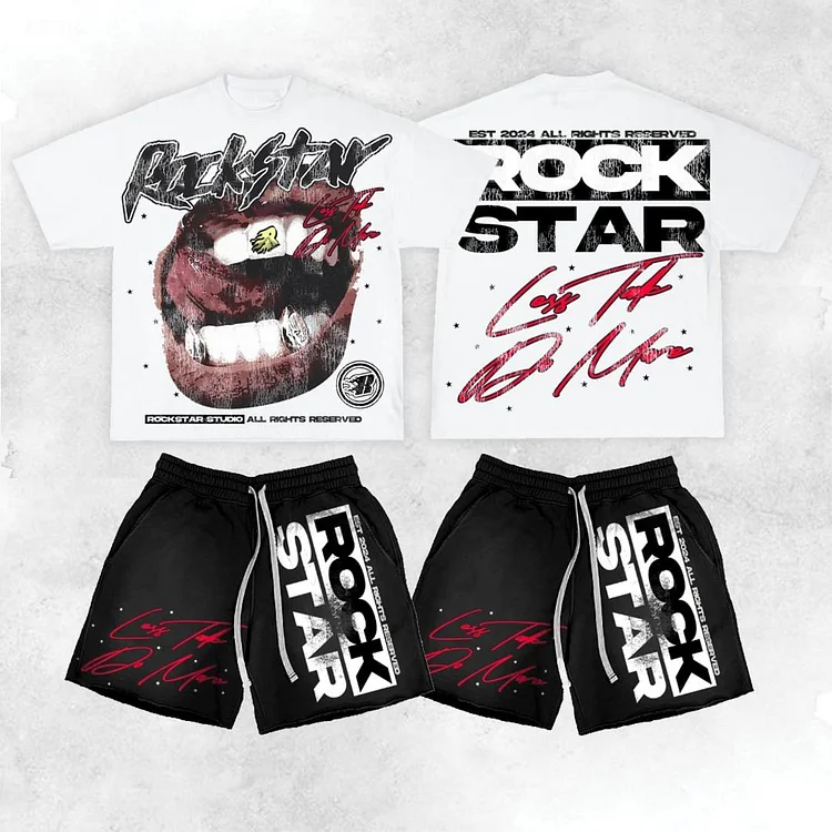 Vintage Rock Star Graphic T-Shirt And Shorts Matching Set