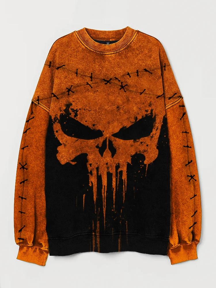 Broswear Stitched Skull Graffiti Contrast Color Washed Sweatshirt