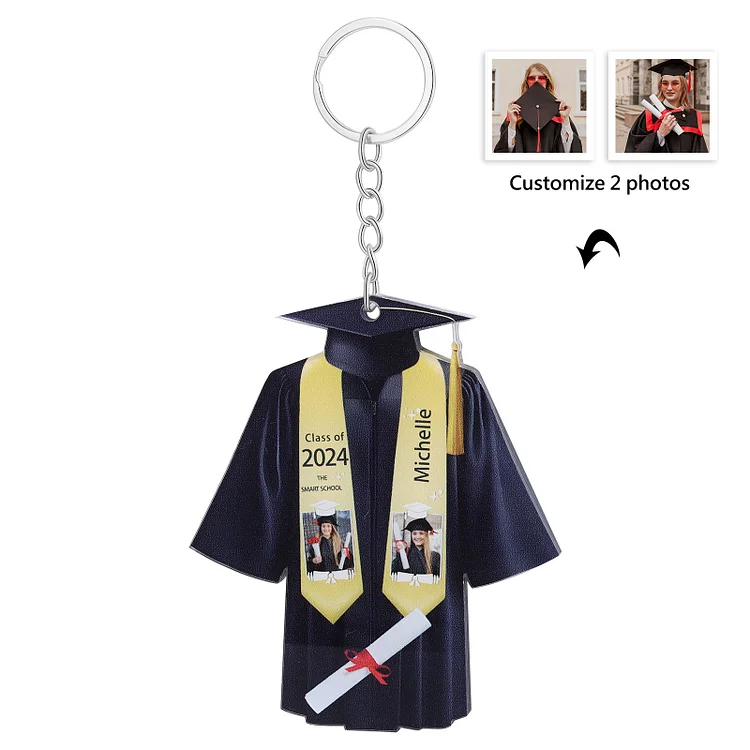 Personalized 2 Photo & Name & 2 Text Exquisite Stainless Steel Graduation Keychain Gift For Her/Him