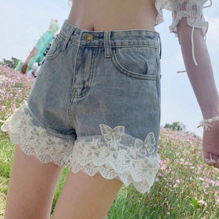 Chic Bow Lace High Waisted Jean Shorts SP15089