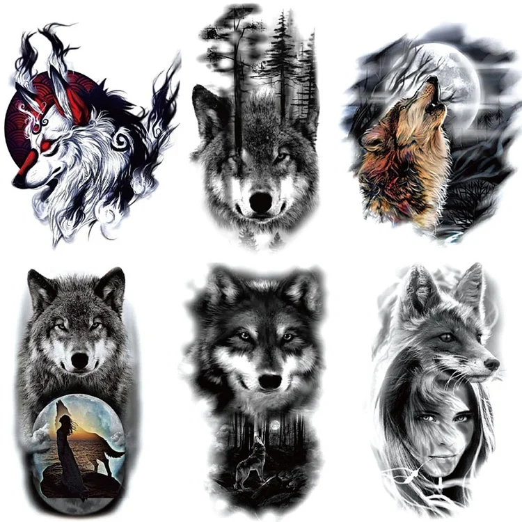 6 Sheets Wolf Half Arm Temporary Tattoo Stickers