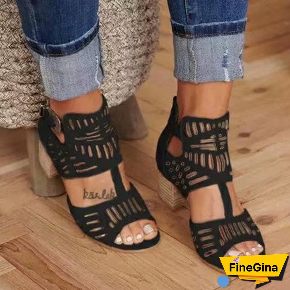 Women' Casual Hollow Out Leather Peep Toe Sandals