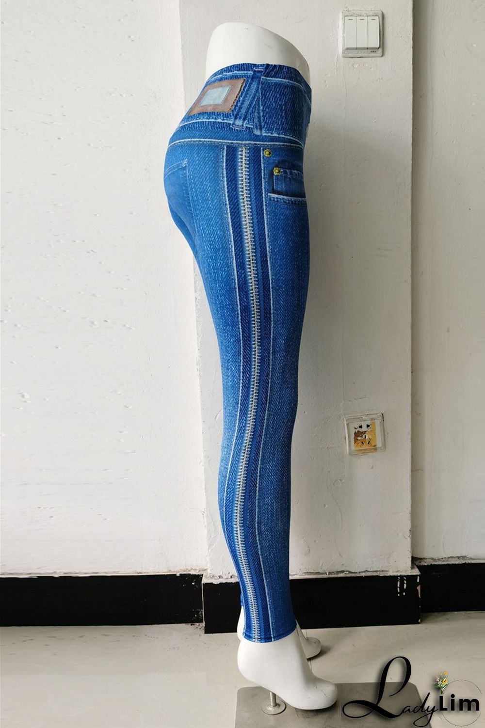 Blue Fashion Casual Sportswear Print Split Joint Skinny High Waist Pencil Trousers