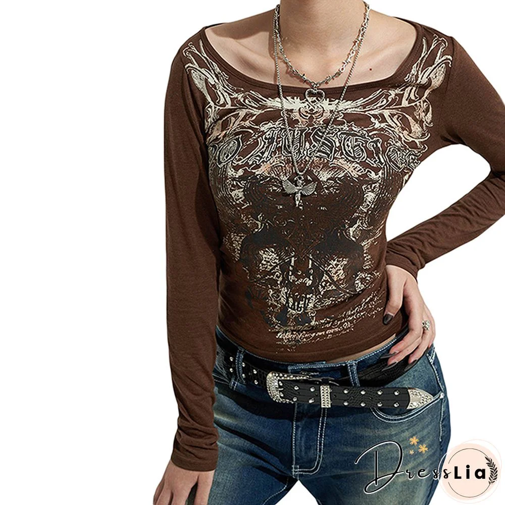Vintage Women Graphic Print T Shirt Goth Long Sleeve Clothes Skinny Street Ladies Tops Anime Clothes Dark Academia Tee
