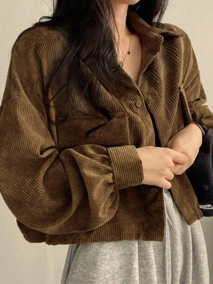 Brownm Vintage Corduroy Lapel Neck Button Long Sleeve Blouse