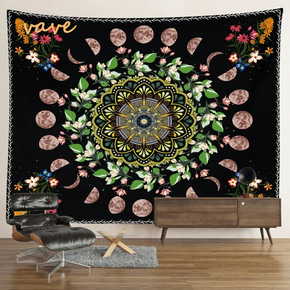 Nigikala Phase Tapestry Black and White Wall Hanging Boho Hippie Mandala Cloth Fabric Tapestry Flower Aesthetic Room Dorm Decor
