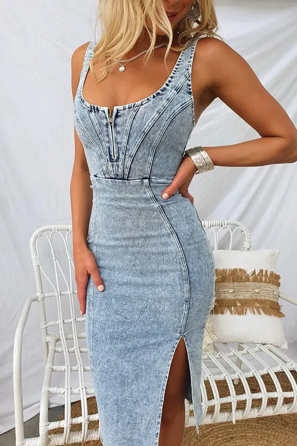 Short Sleeve U-Neck Strap Distressed Casual Denim Dress