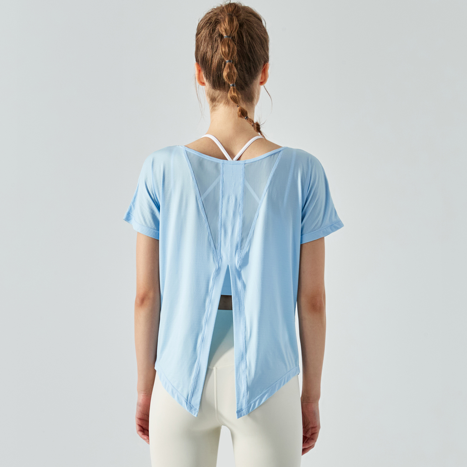 Different types of mesh back split buttery soft naked feel cool running fitness tops for women online shopping on Hergymclothing Sky Blue