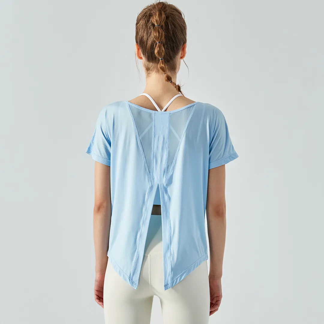 Different types of mesh back split buttery soft naked feel cool running fitness tops for women online shopping on Hergymclothing Sky Blue