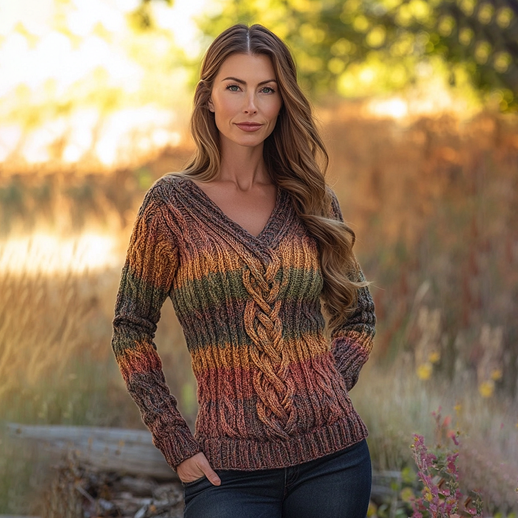 Vintage Rainbow V-neck Knitted Jacquard Irish Aran Sweater