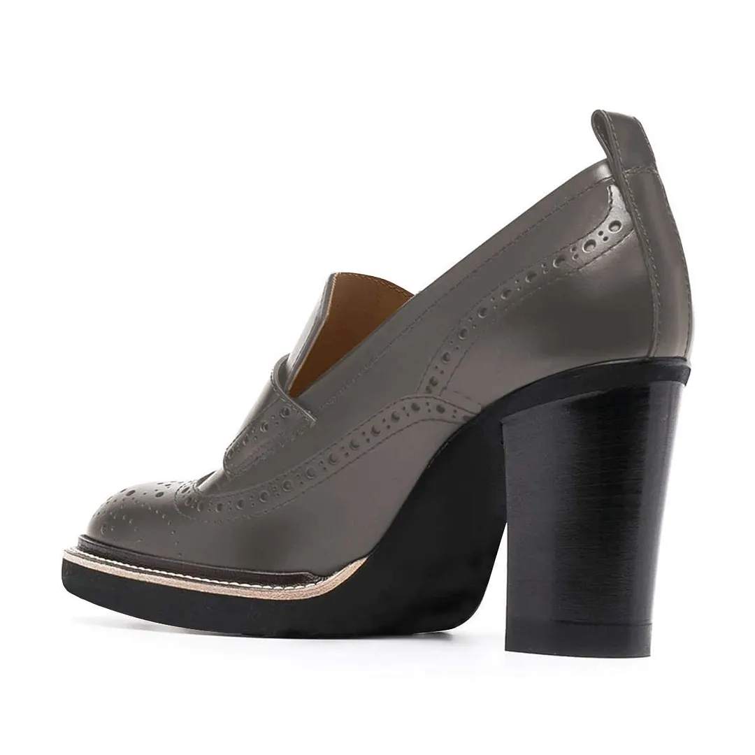 Classic Grey Brogue Perforated Round Toe Chunky Heeled Loafers