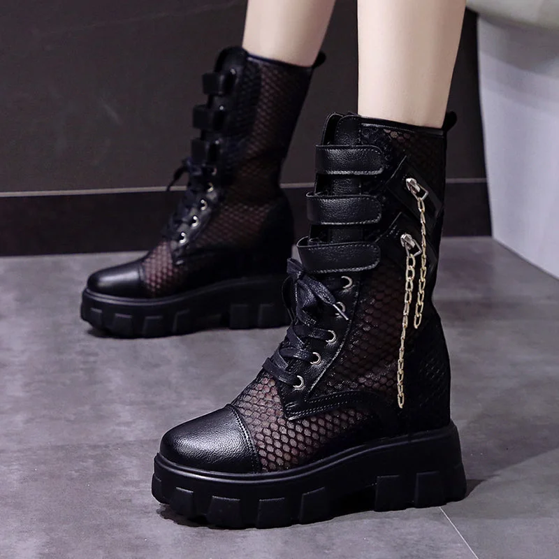 Chunky Platform Motorcycle Boots Women 2022 Summer Breathable Air Mesh Mid Calf Boots Woman Punk Height Increasing Shoes