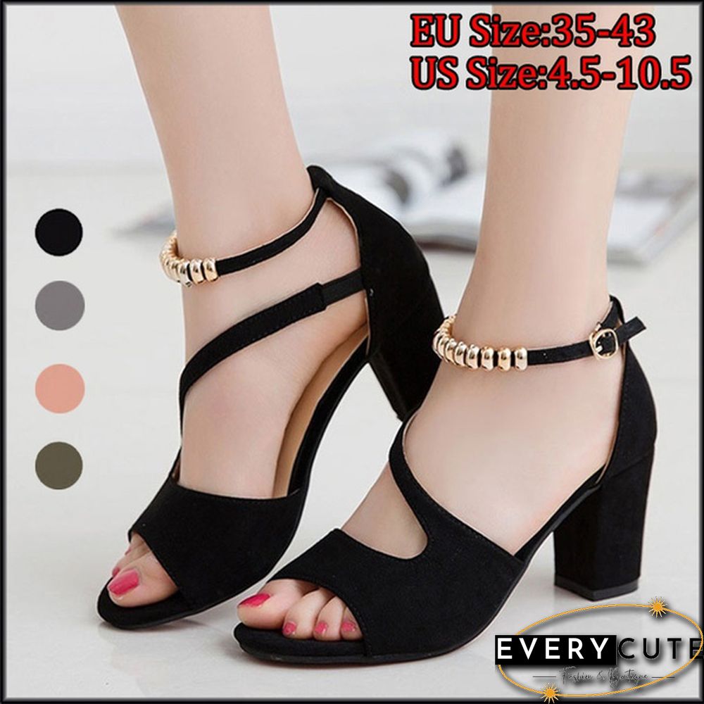 Plus Size 35-43 Women Summer Fashion Peep Toe Bow Chunky High Heel Sandals Pumps Heels