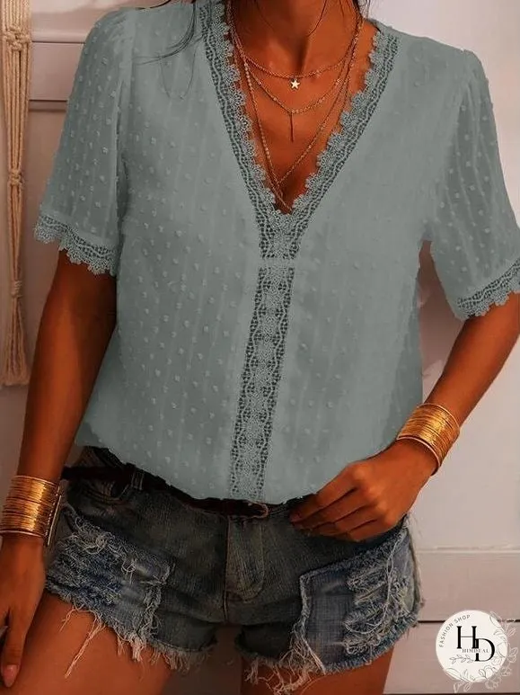 Deep V-neck Embroidered Lace Chiffon Blouse