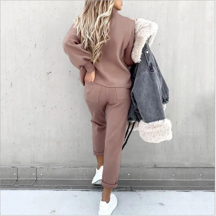 2023 Women Fashion High Collar Long Sleeve Fleece Fashion Casual Sweater Set_ viptrois