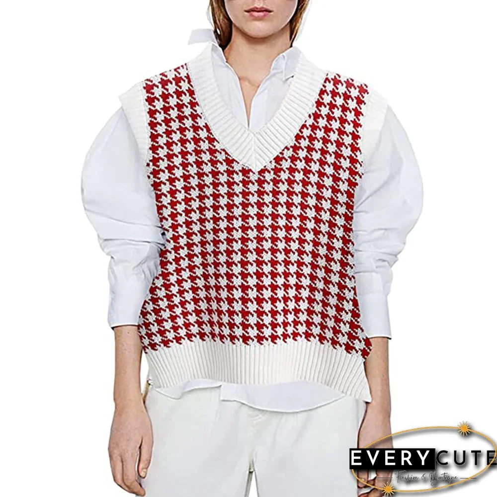 Red Loose Style Plaid Knit Sweater Vest