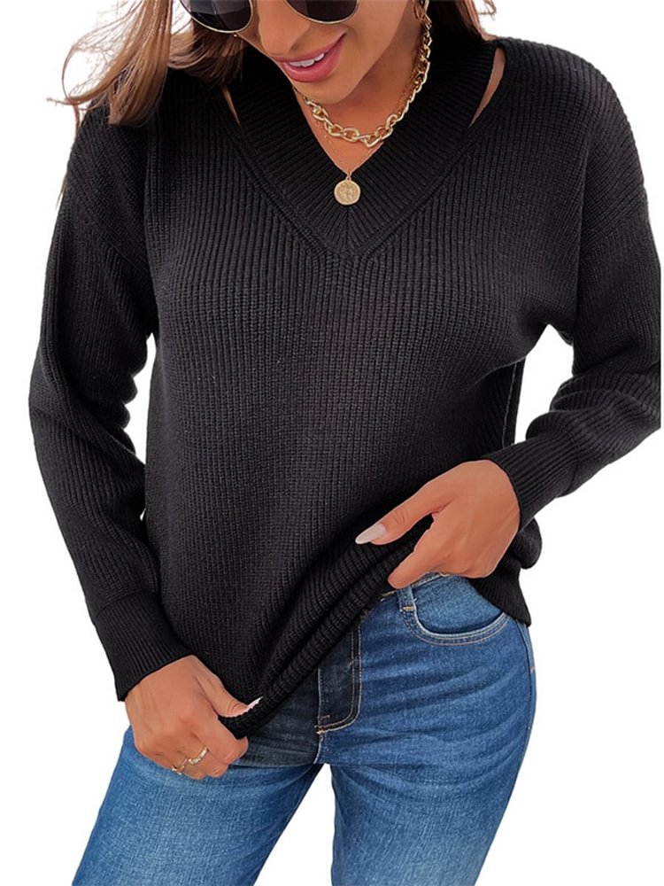 Mayoulove Women's Sweater Loose V-neck Hollow Solid Color Short Knitted Sweater-Mayoulove