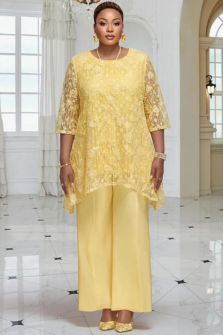 Xpluswear Design Plus Size Mother Of The Bride Yellow Round Neck 3/4 Sleeve 3D Pocket Chiffon Two Piece Pant Sets 2024 - Xpluswear