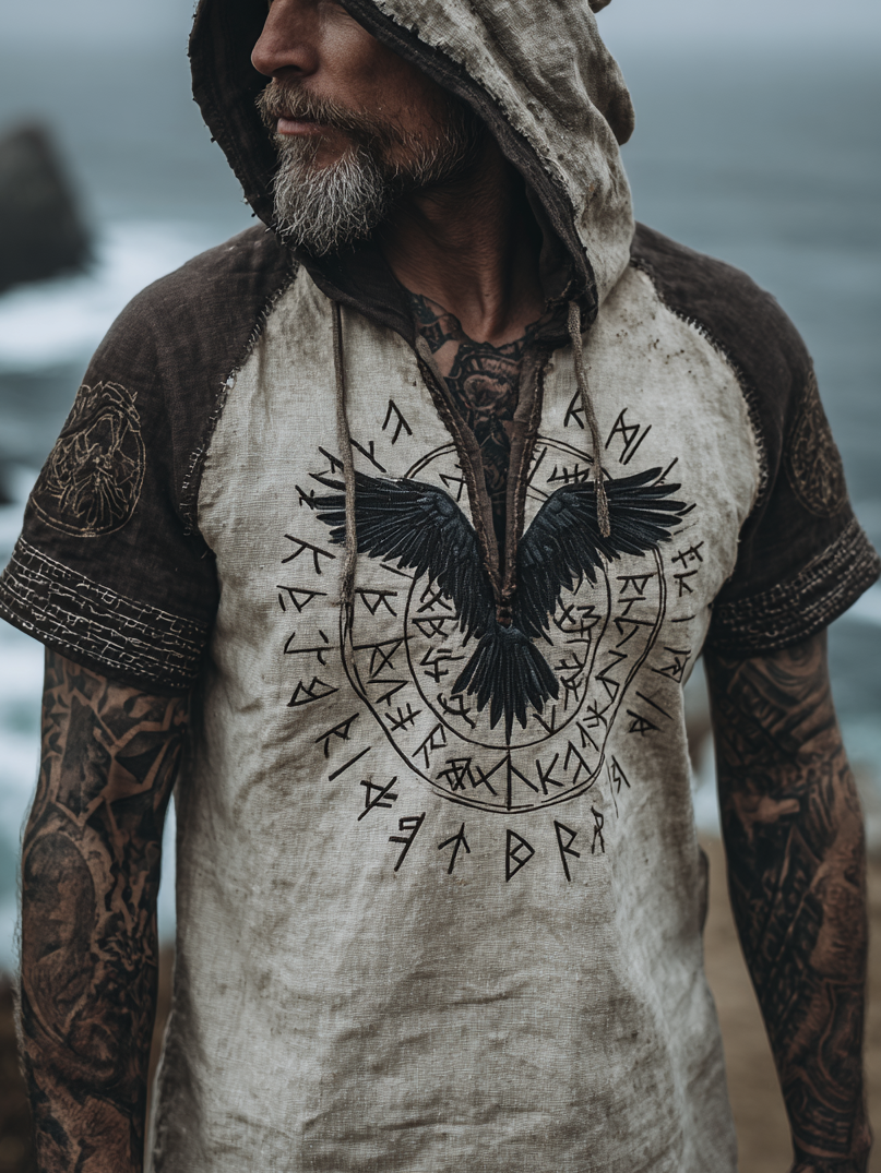 Men's Viking Inspired Raven Totem Vintage Short Sleeve Hoodie / Rvogue / Rvogue